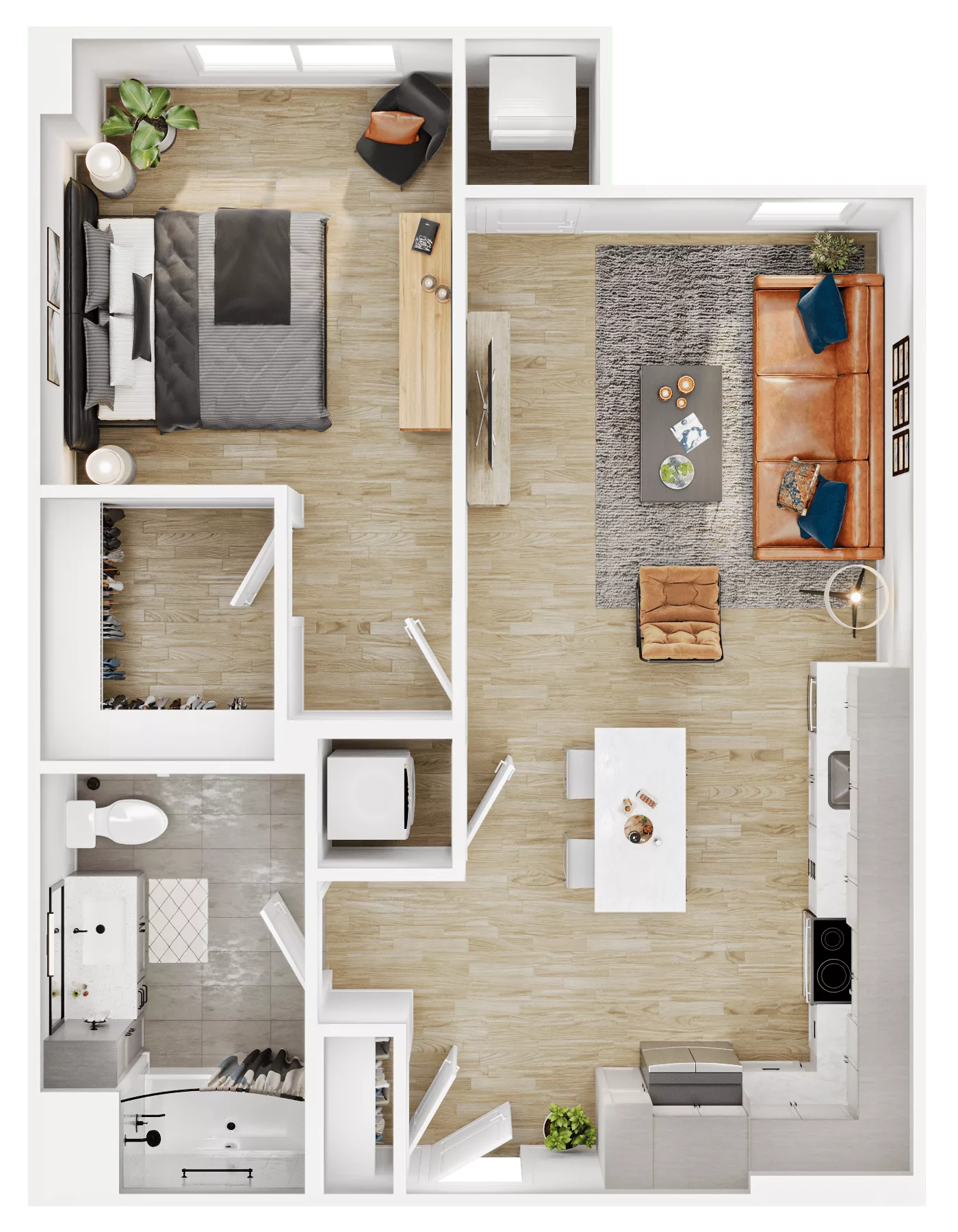 One‑bedroom floor plan featuring open living/kitchen area, bedroom, bath, and closet.