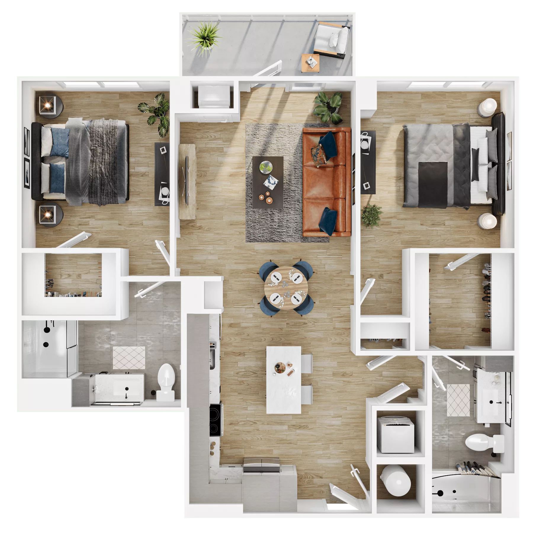 Rendering of the B8 floor plan with 2 bedroom[s] and 2 bathroom[s] at Vermeer