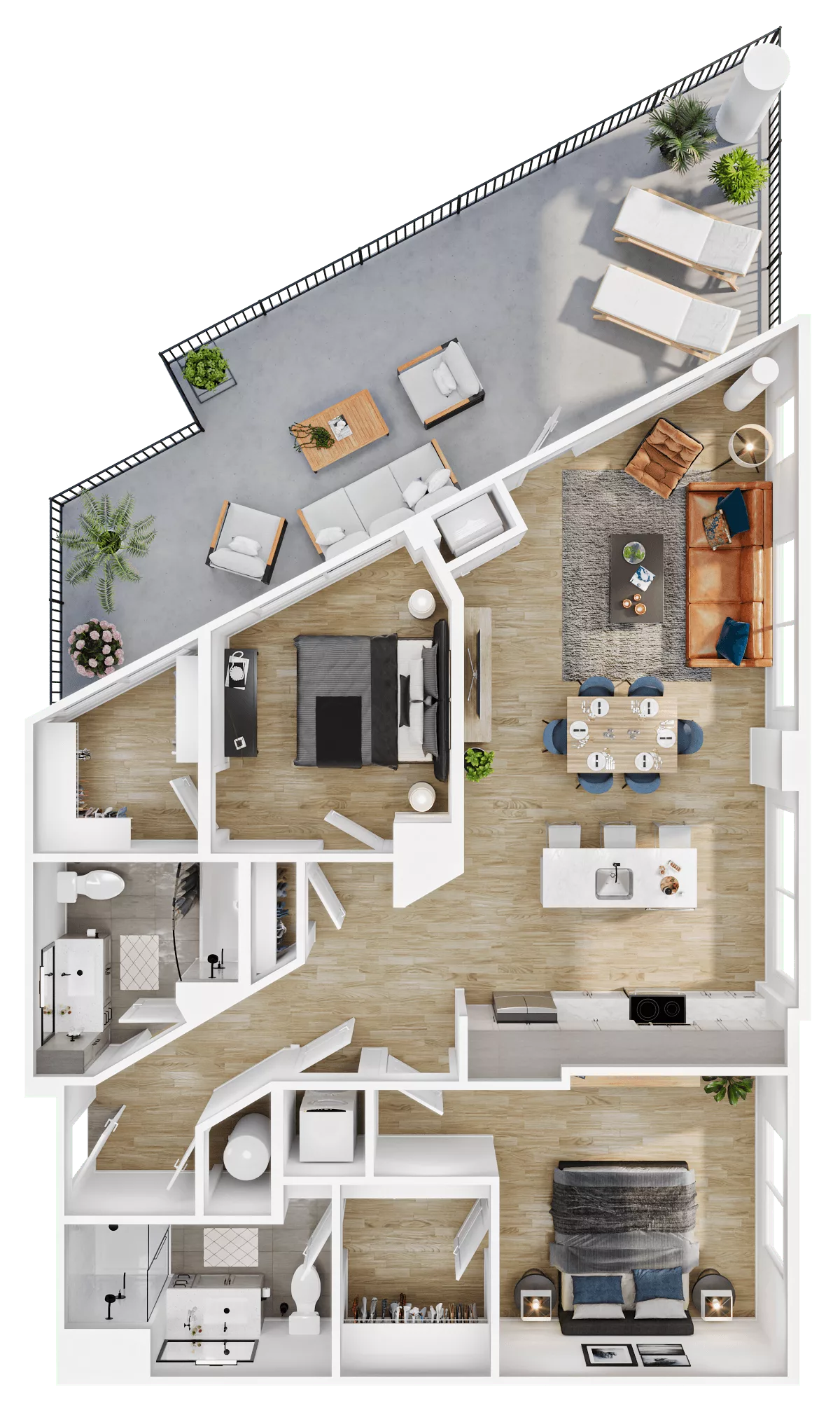 Rendering of the B16 floor plan with 2 bedroom[s] and 2 bathroom[s] at Vermeer