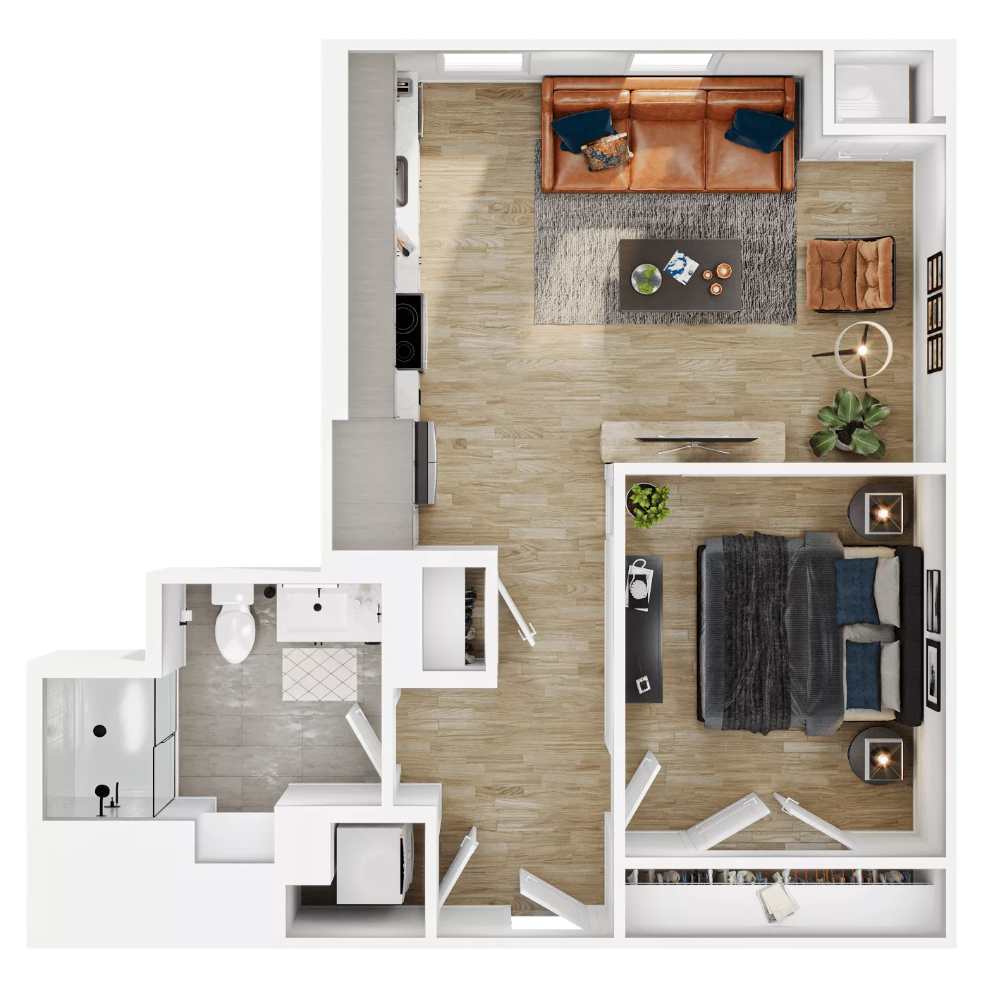 Rendering of the A8 floor plan with 1 bedroom[s] and 1 bathroom[s] at Vermeer