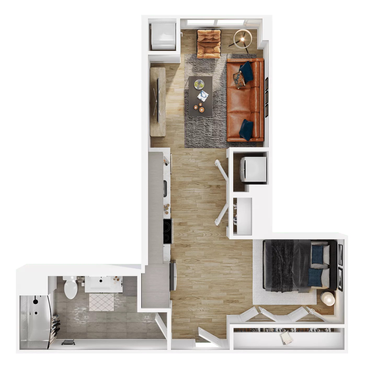 Rendering of the S5 floor plan with a Studio bedroom and 1 bathroom[s] at Vermeer