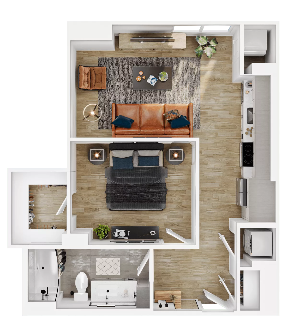 Rendering of the A3 floor plan with 1 bedroom[s] and 1 bathroom[s] at Vermeer