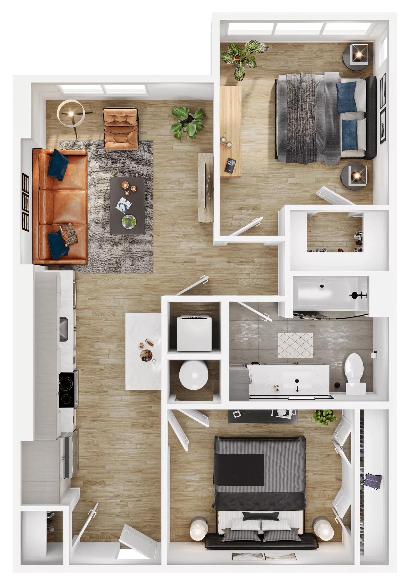 Rendering of the B4 floor plan with 2 bedroom[s] and 1 bathroom[s] at Vermeer