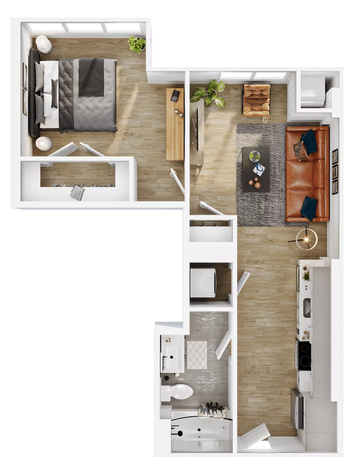 Rendering of the A7 floor plan with 1 bedroom[s] and 1 bathroom[s] at Vermeer