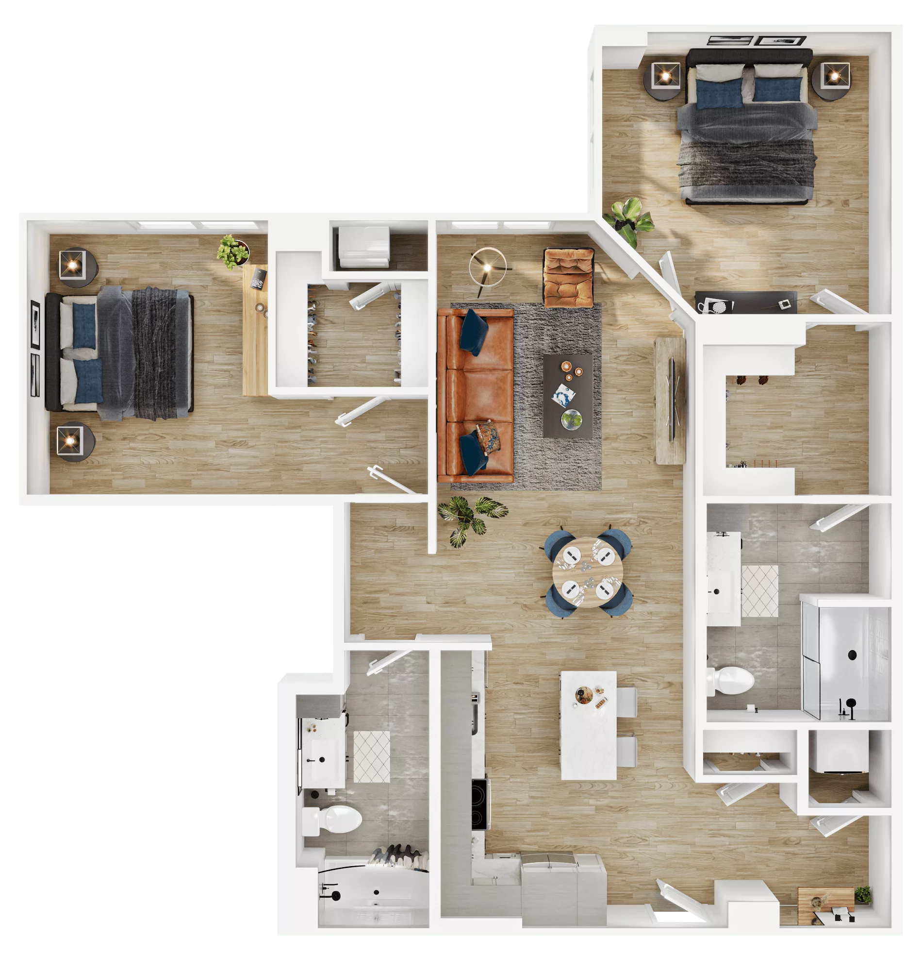 Rendering of the B18 floor plan with 2 bedroom[s] and 2 bathroom[s] at Vermeer