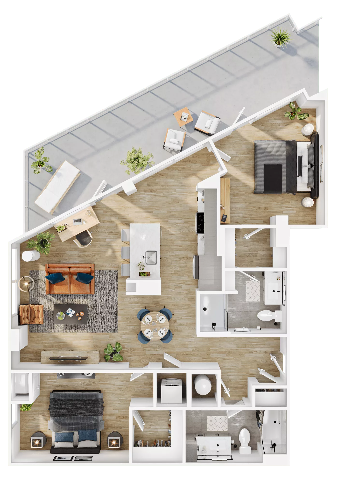Rendering of the B14 floor plan with 2 bedroom[s] and 2 bathroom[s] at Vermeer