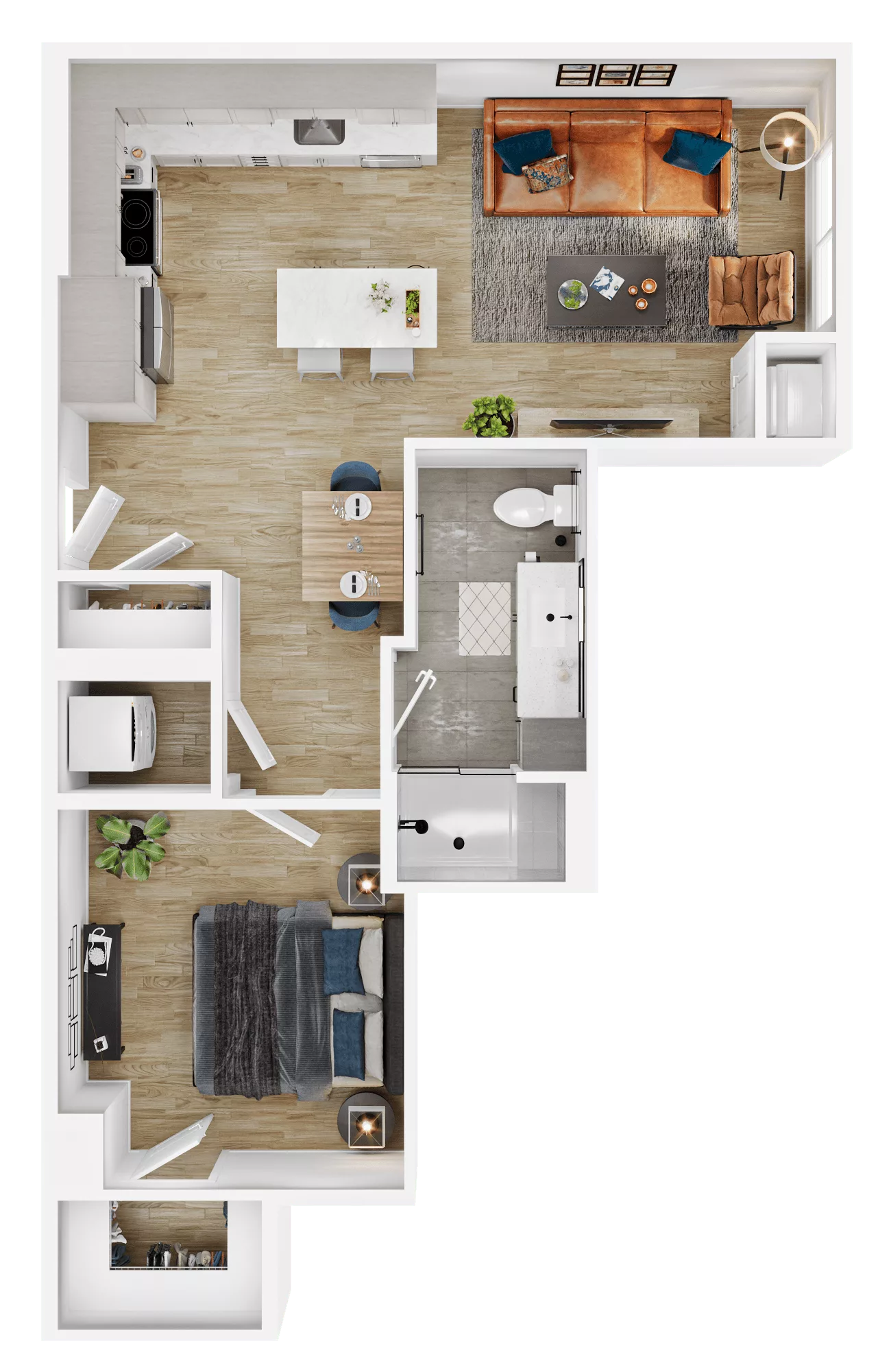 Rendering of the A22 floor plan with 1 bedroom[s] and 1 bathroom[s] at Vermeer