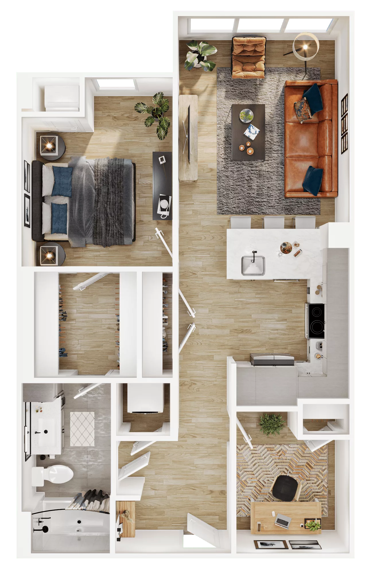 Rendering of the A1D floor plan with 1 bedroom[s] and 1 bathroom[s] at Vermeer