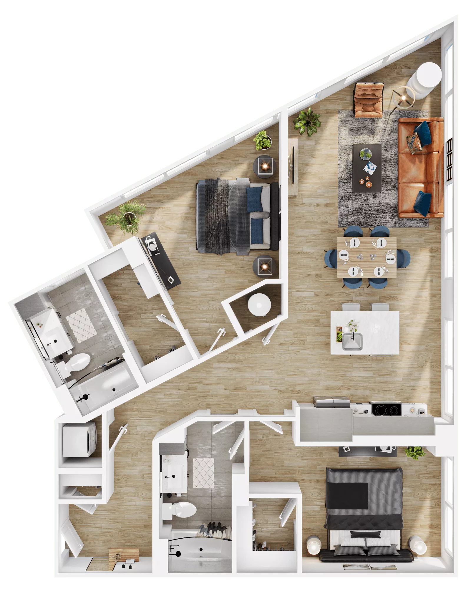 Rendering of the B15 floor plan with 2 bedroom[s] and 2 bathroom[s] at Vermeer