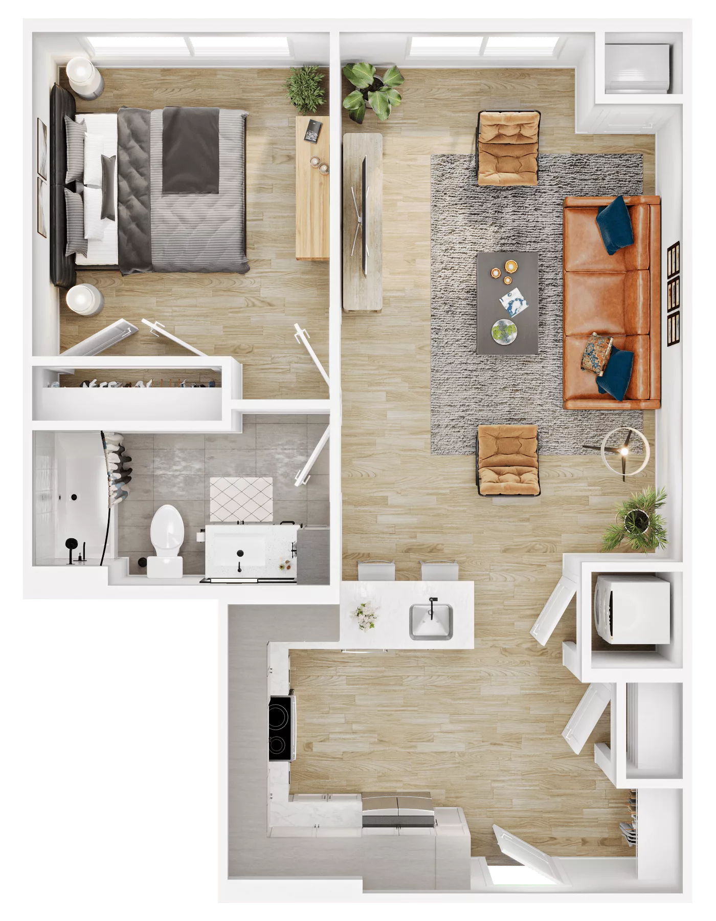 Rendering of the A16 floor plan with 1 bedroom[s] and 1 bathroom[s] at Vermeer