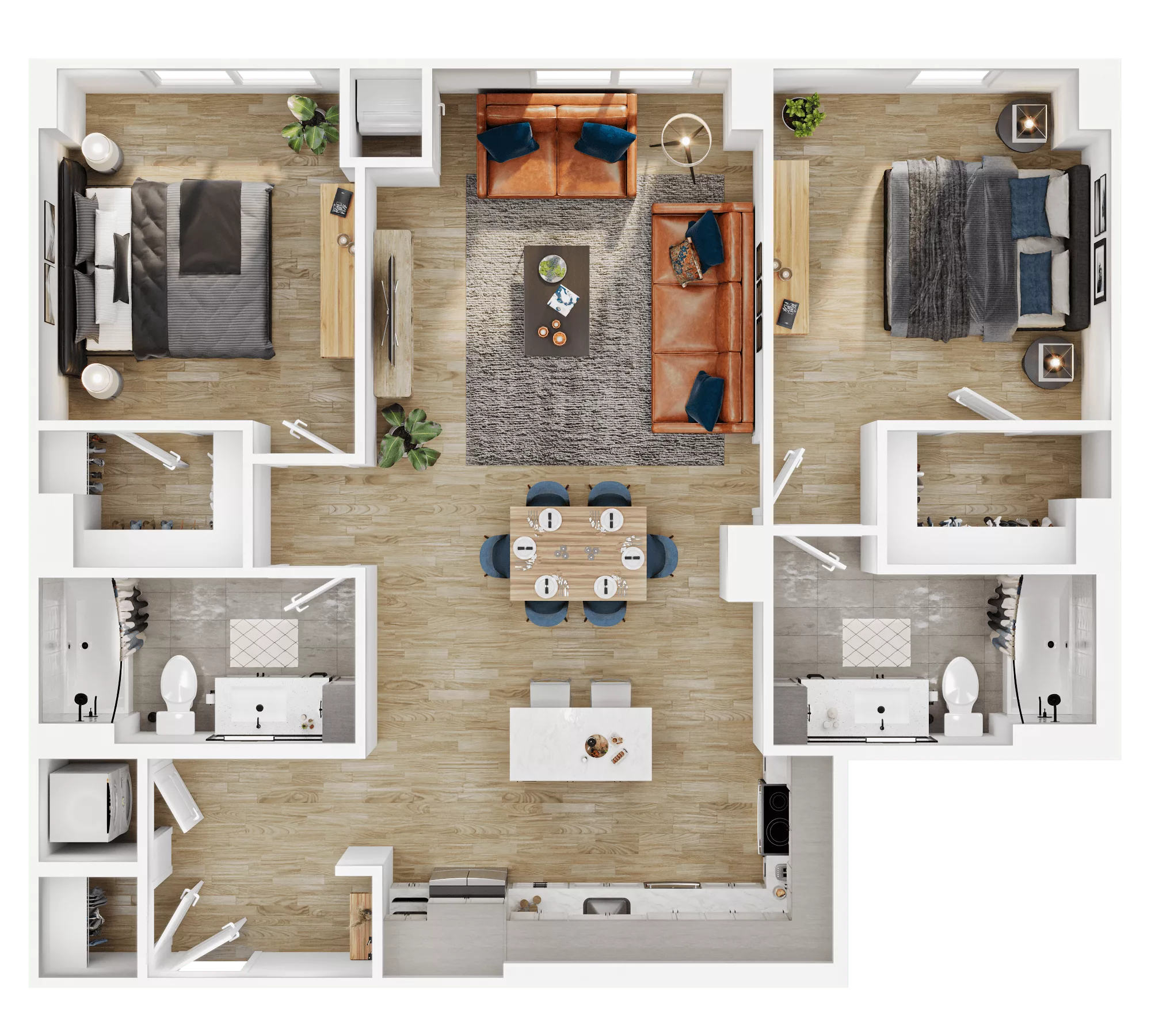 Rendering of the B13 floor plan with 2 bedroom[s] and 2 bathroom[s] at Vermeer