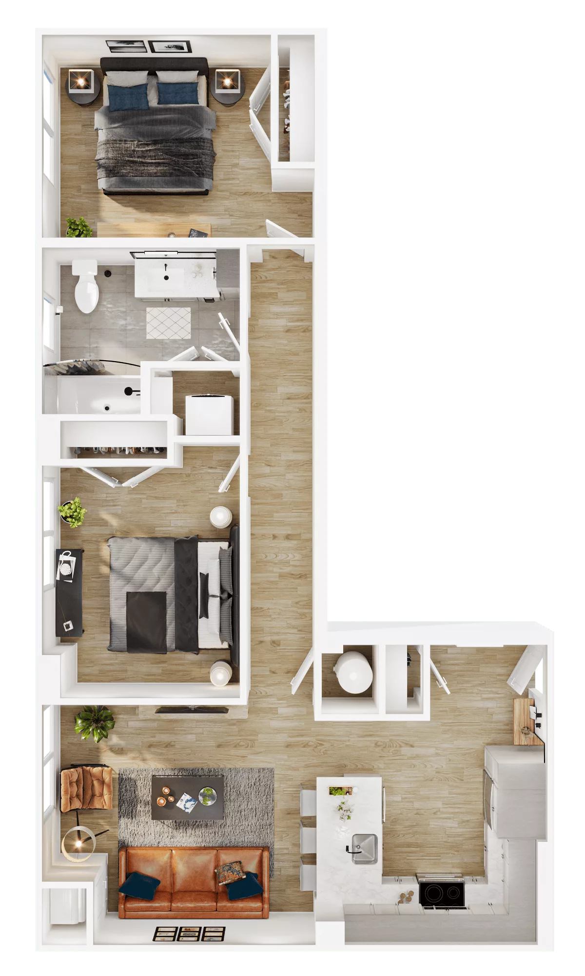 Rendering of the B5 floor plan with 2 bedroom[s] and 1 bathroom[s] at Vermeer