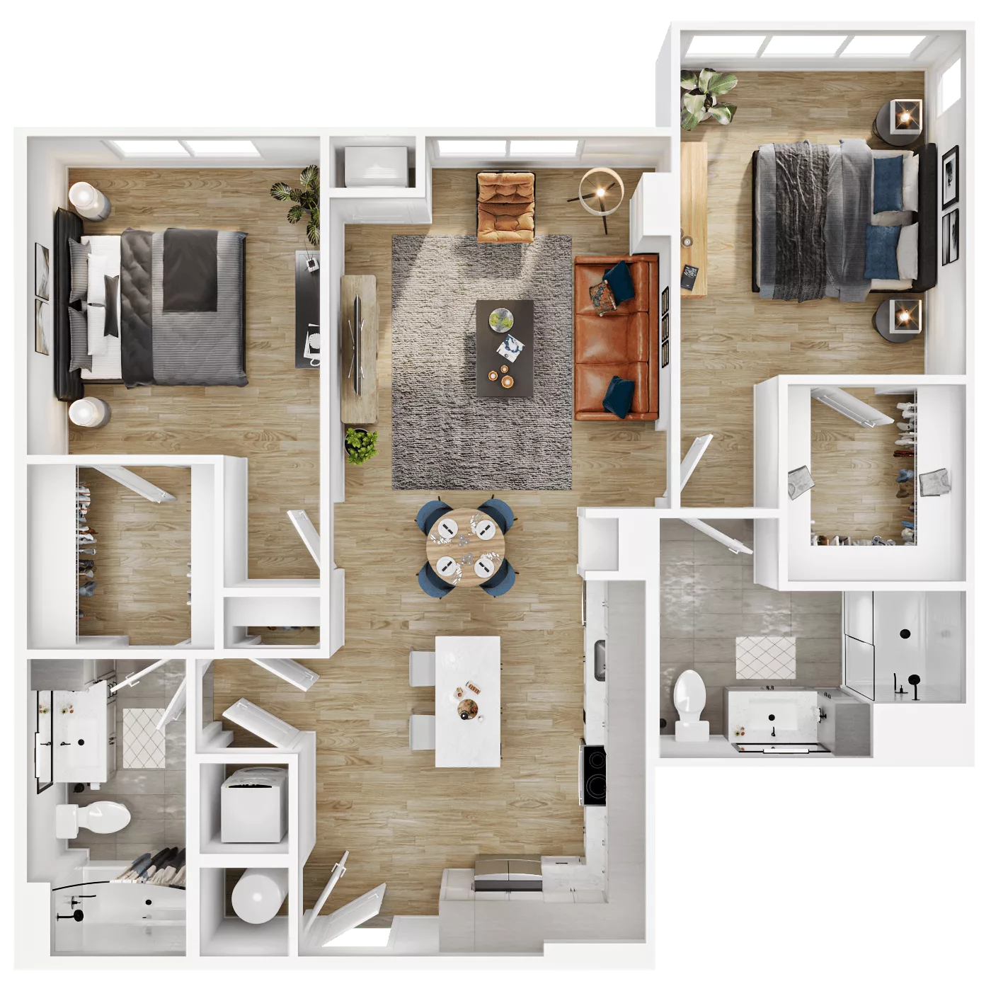 Rendering of the B12 floor plan with 2 bedroom[s] and 2 bathroom[s] at Vermeer