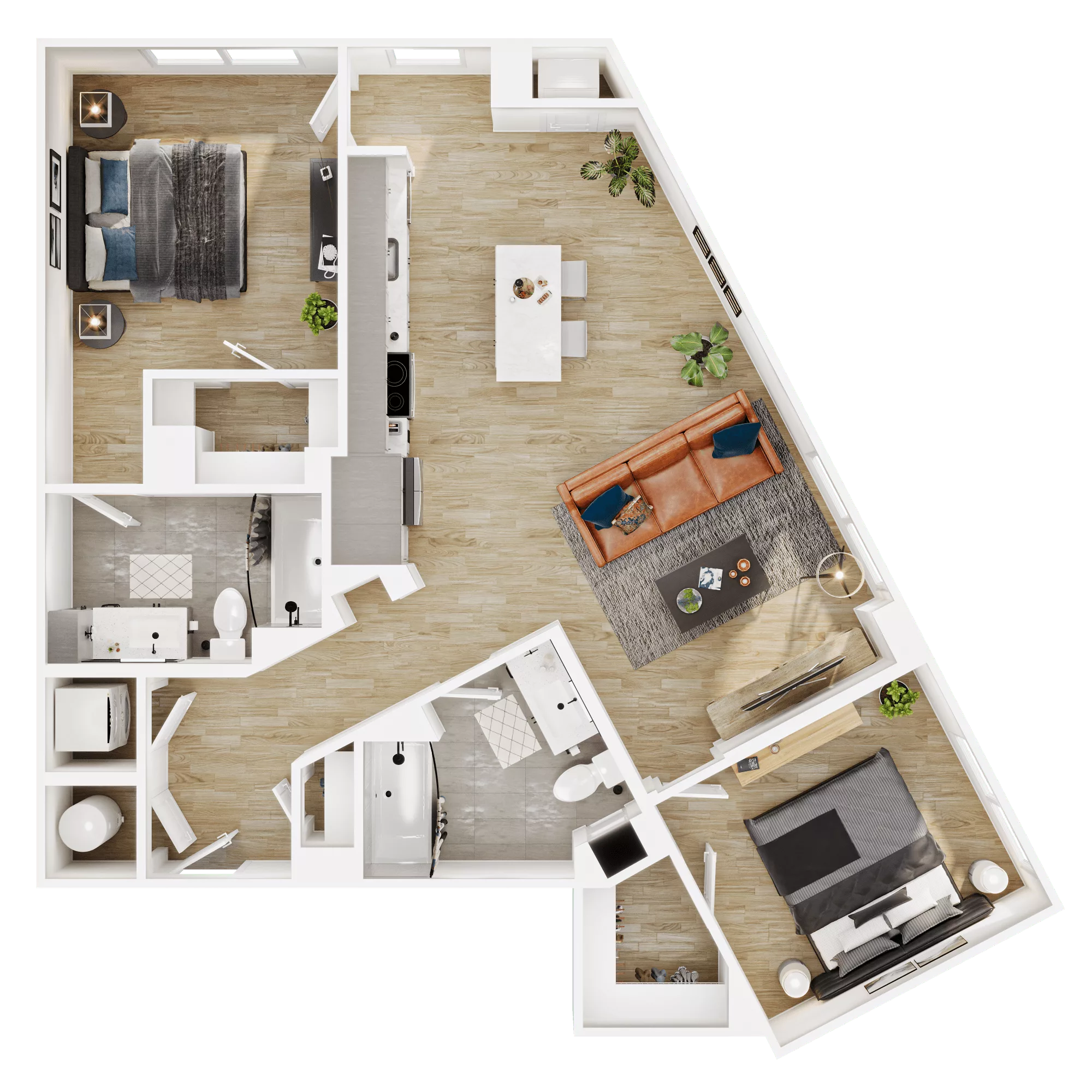 Rendering of the B7 floor plan with 2 bedroom[s] and 2 bathroom[s] at Vermeer