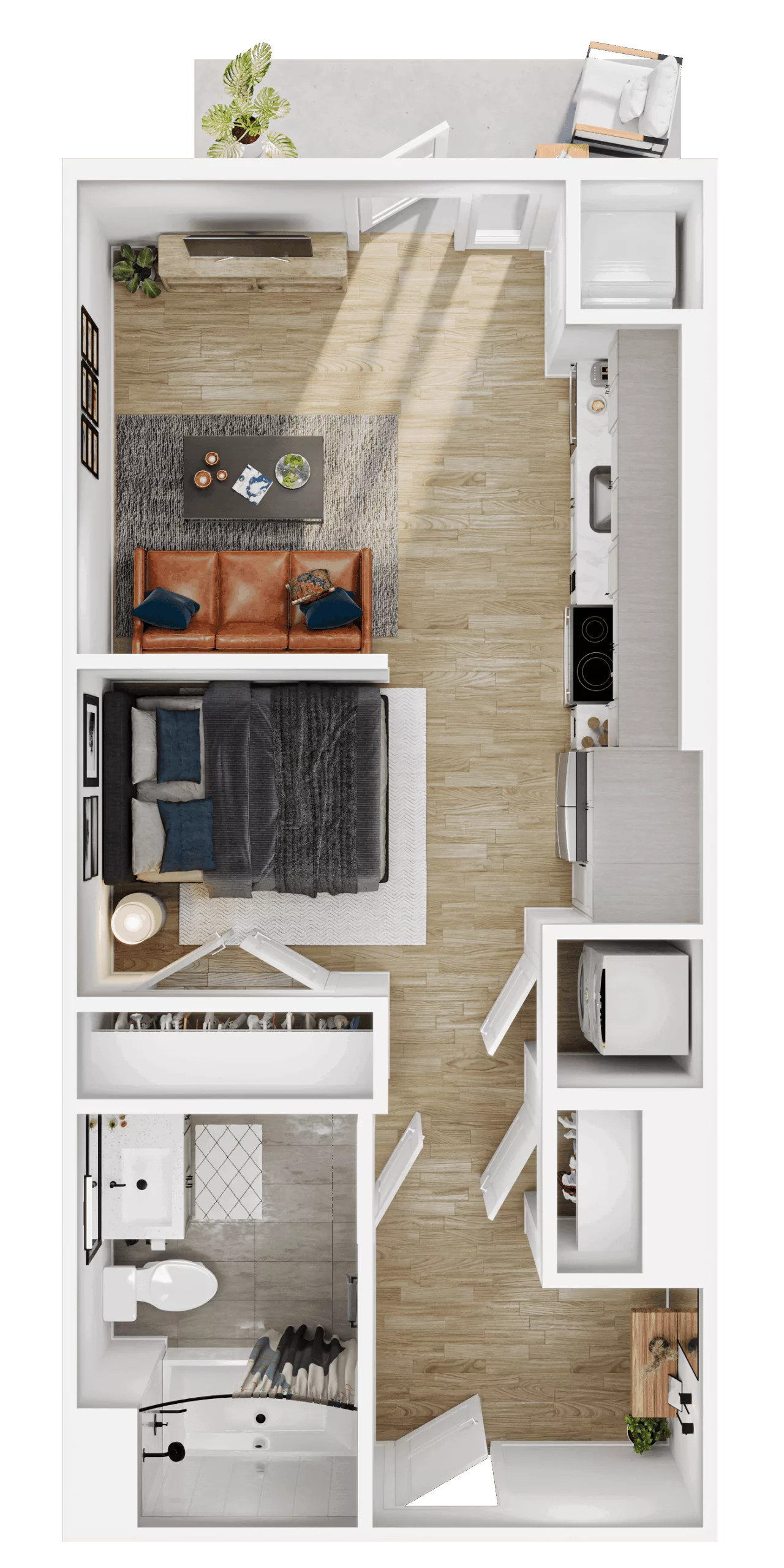Rendering of the S2 floor plan with a Studio bedroom and 1 bathroom[s] at Vermeer
