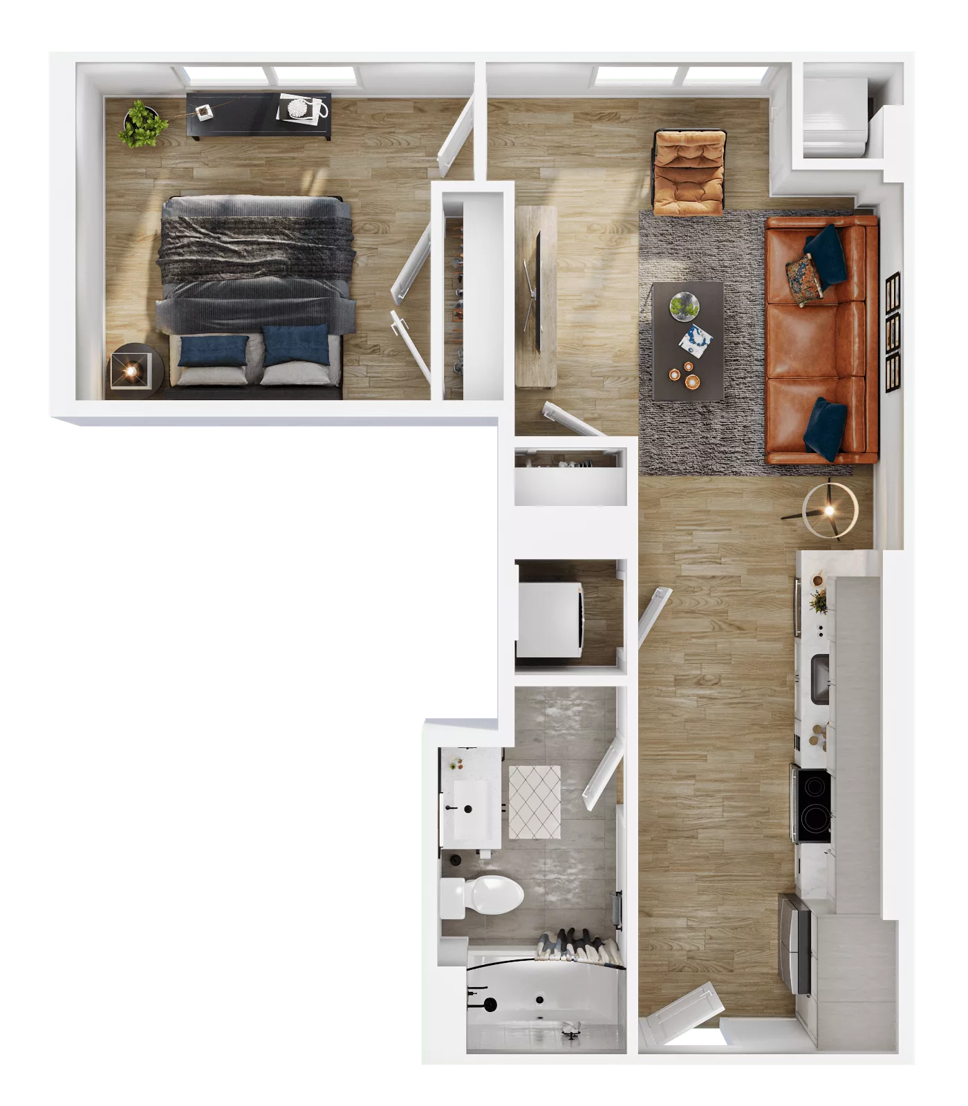 Rendering of the A1 floor plan with 1 bedroom[s] and 1 bathroom[s] at Vermeer