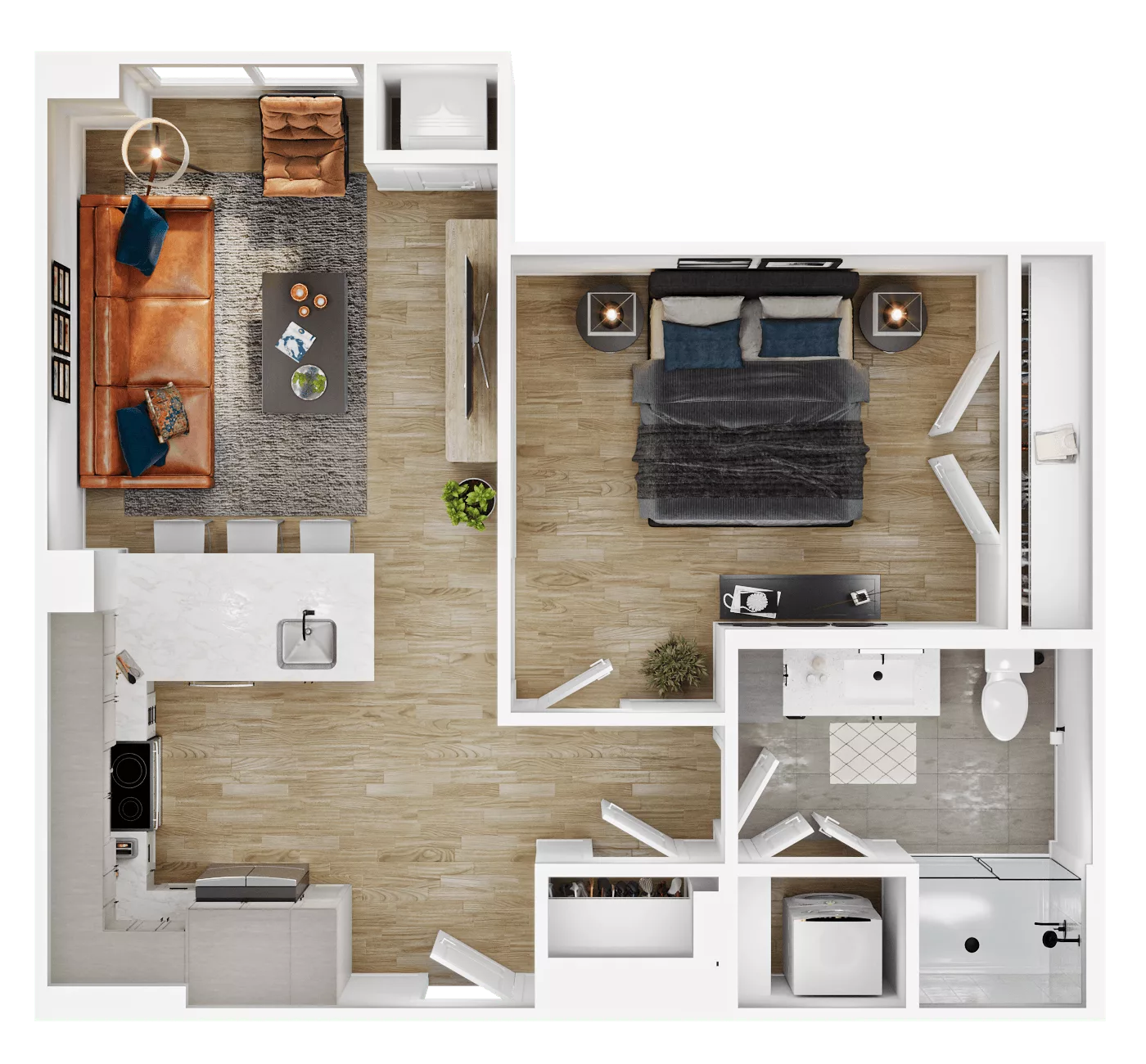 Rendering of the A5 floor plan with 1 bedroom[s] and 1 bathroom[s] at Vermeer