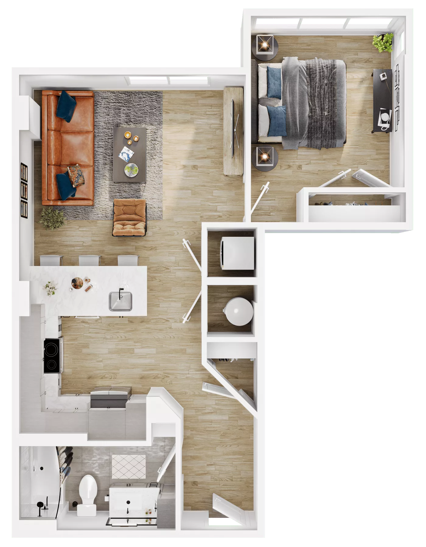 Rendering of the A18 floor plan with 1 bedroom[s] and 1 bathroom[s] at Vermeer