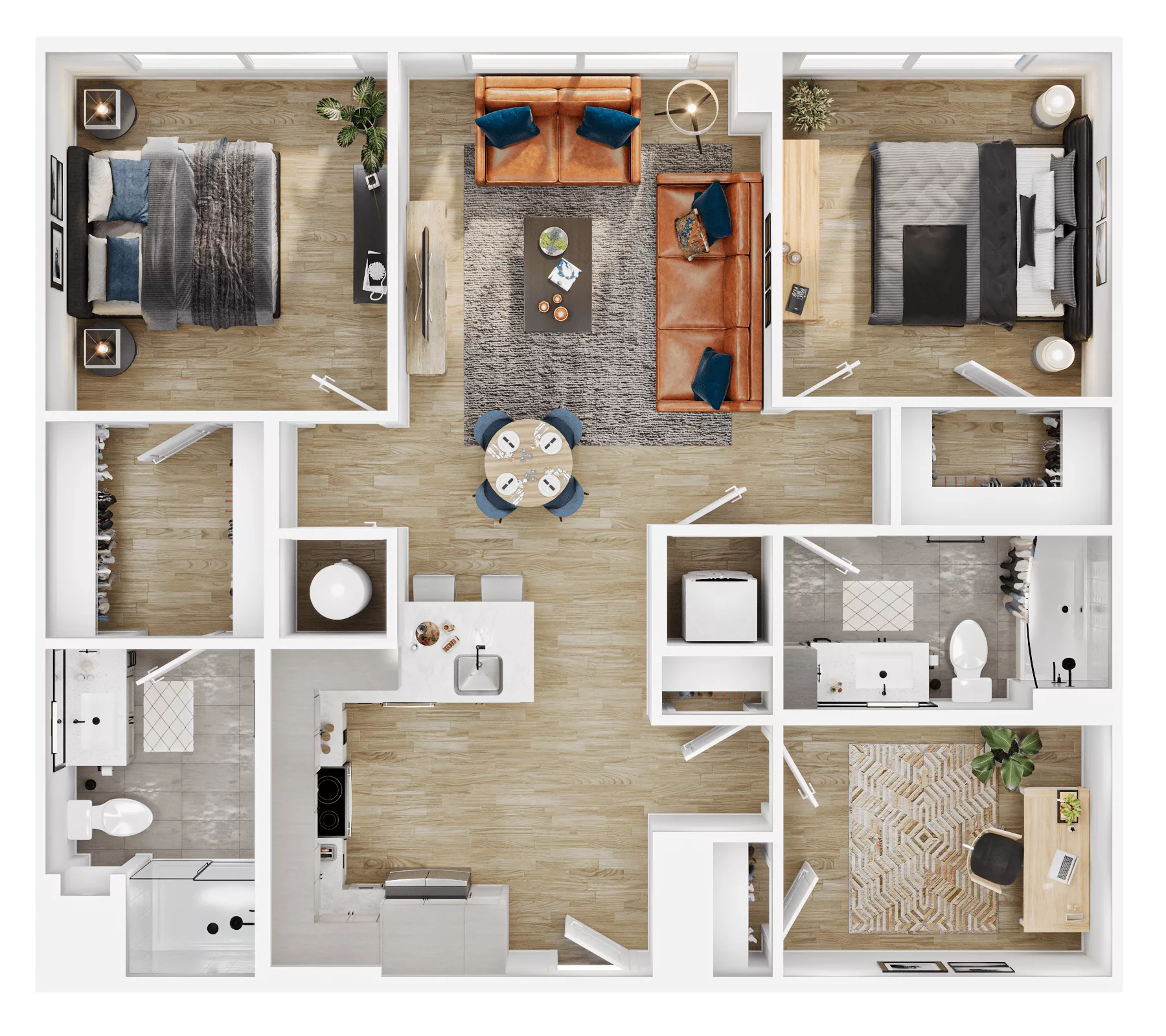 Rendering of the B2D floor plan with 2 bedroom[s] and 2 bathroom[s] at Vermeer