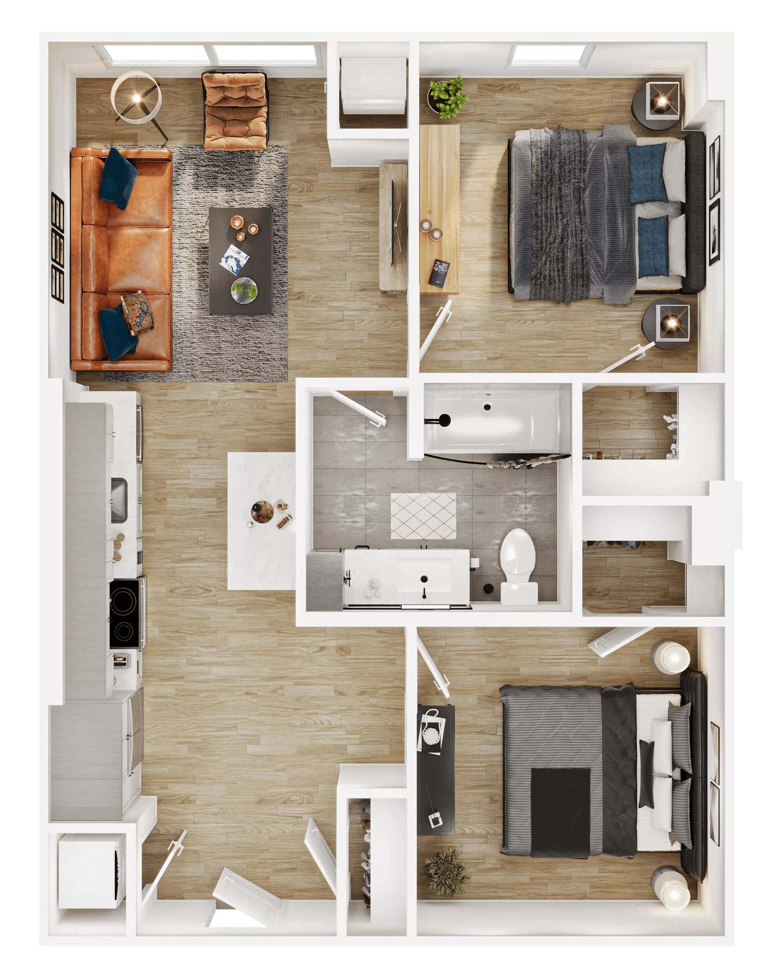 Rendering of the B1 floor plan with 2 bedroom[s] and 1 bathroom[s] at Vermeer
