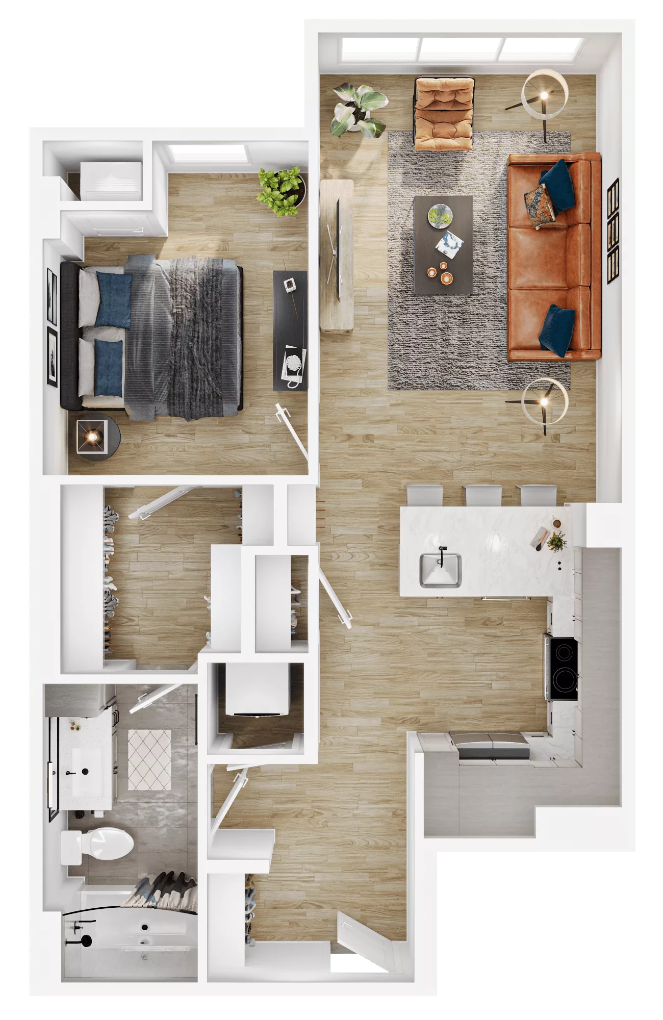 Rendering of the A10 floor plan with 1 bedroom[s] and 1 bathroom[s] at Vermeer
