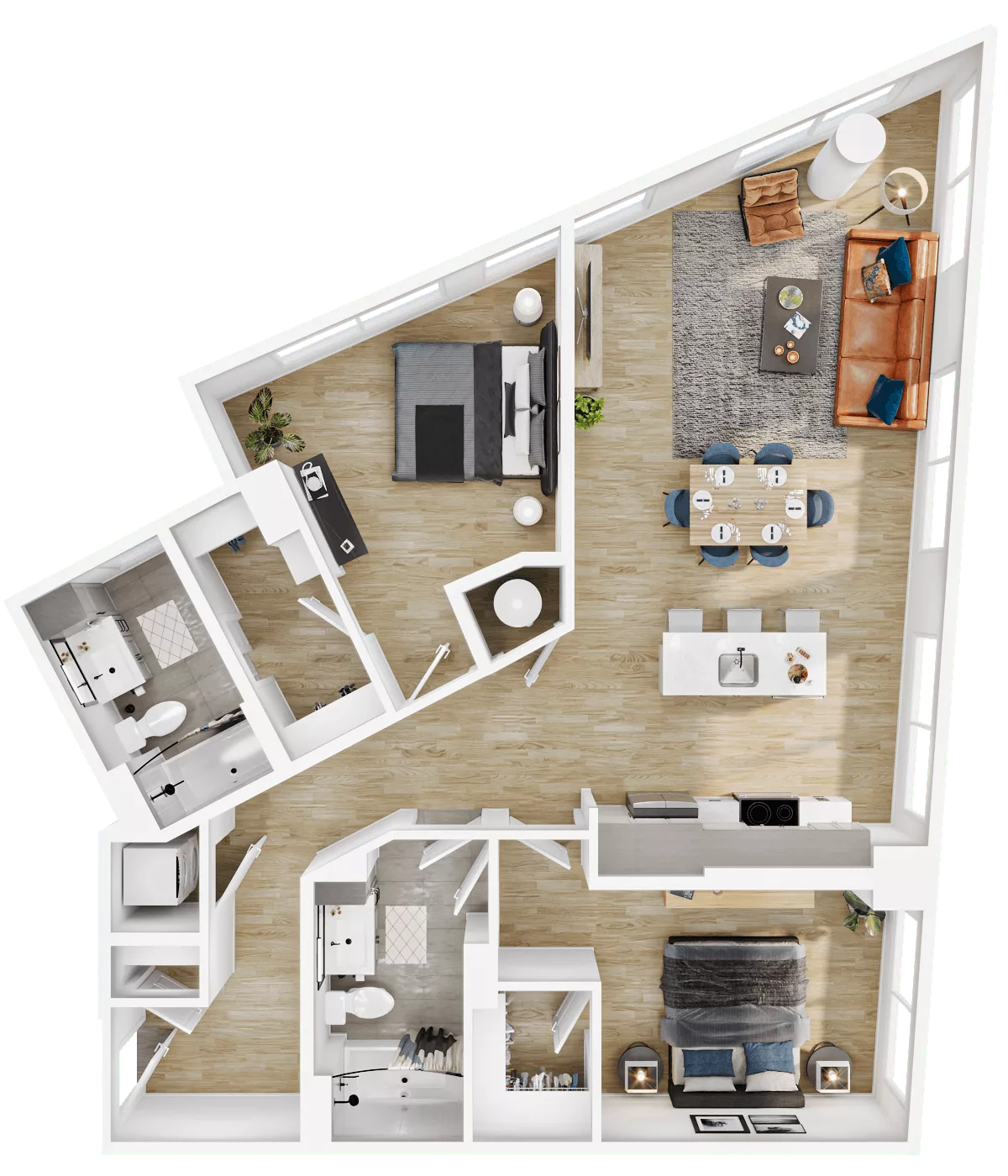 Rendering of the B20 floor plan with 2 bedroom[s] and 2 bathroom[s] at Vermeer