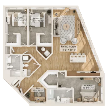 Rendering of the 3 Bed/2 Bath Den-C2D floor plan with 3 bedroom[s] and 2 bathroom[s] at Piper