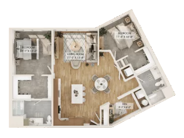 Rendering of the 2 Bed/2 Bath Den-B2D floor plan with 2 bedroom[s] and 2 bathroom[s] at Piper