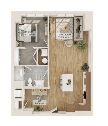 Rendering of the 1 Bed/1 Bath Den-A12D floor plan with 1 bedroom[s] and 1 bathroom[s] at Piper