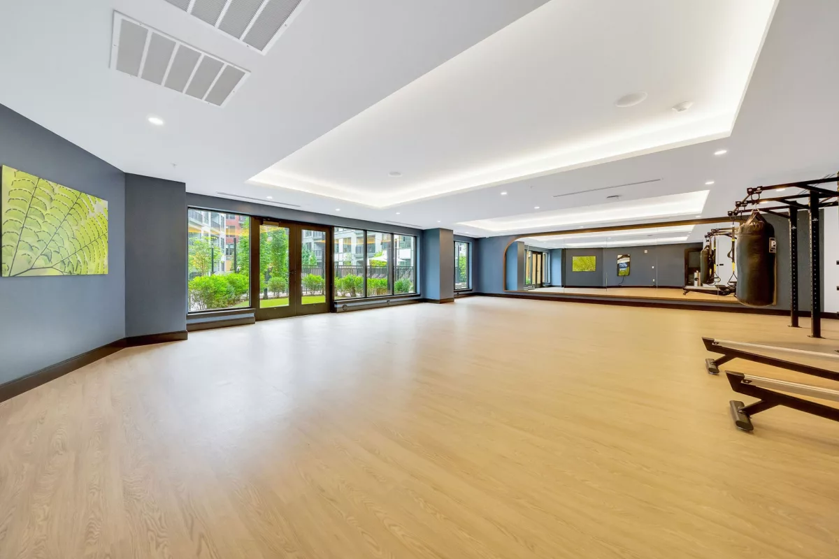 Bright fitness studio with wood floors, mirrors, punching bag, and exterior views.