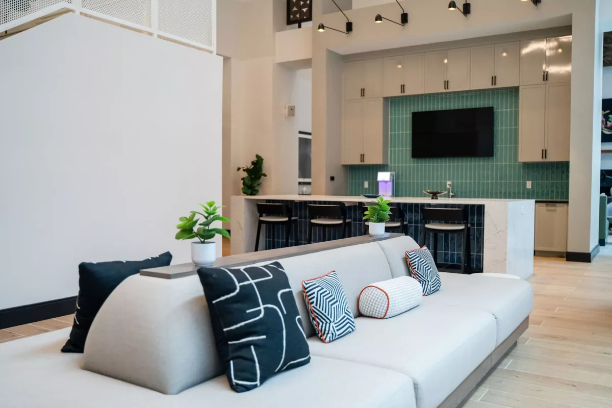 Lounge area with sofa, bar seating, and TV. Light wood floors. Neutral color palette.