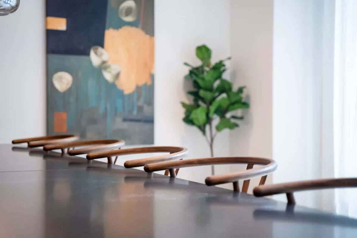 Dark countertop with wood chairs. Abstract art and plant in background.