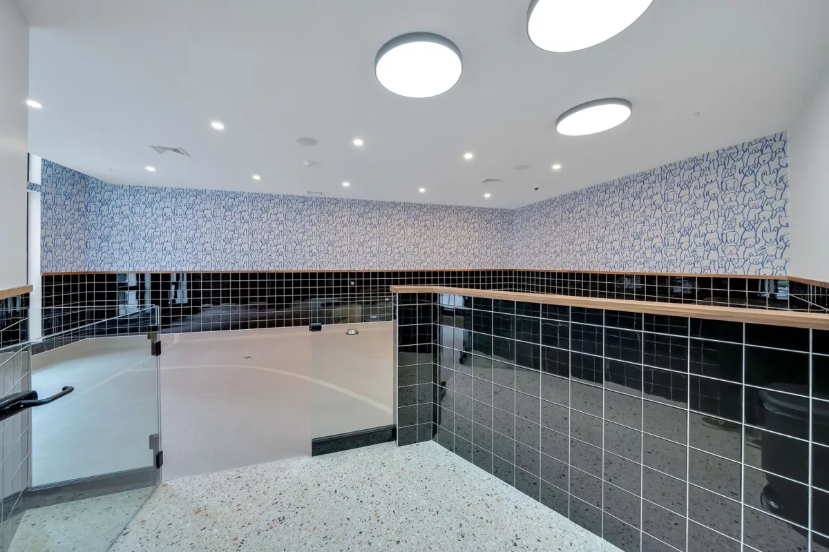 Dog wash station with black tile, light blue wallpaper, and terrazzo flooring.