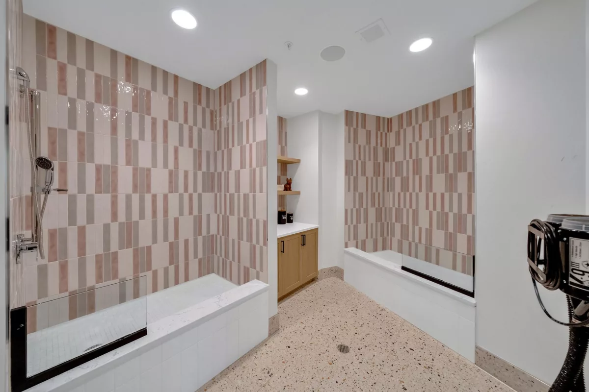 Brightly lit pet washing station with tiled walls, two tubs, and storage cabinet.