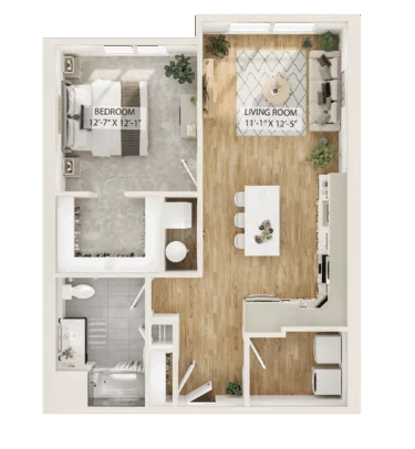 Rendering of the 1 Bed/1 Bath-A2 floor plan with 1 bedroom[s] and 1 bathroom[s] at Piper