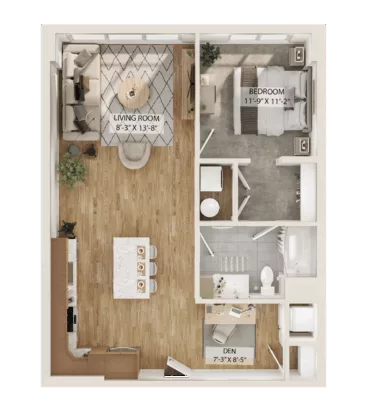 Rendering of the 1 Bed/1 Bath Den-A9D floor plan with 1 bedroom[s] and 1 bathroom[s] at Piper