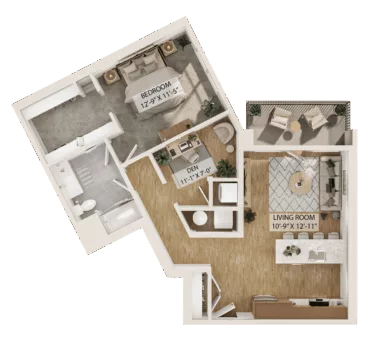 Rendering of the 1 Bed/1 Bath Den-A5D floor plan with 1 bedroom[s] and 1 bathroom[s] at Piper