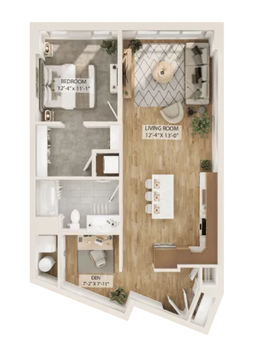 Rendering of the 1 Bed/1 Bath Den-A8D floor plan with 1 bedroom[s] and 1 bathroom[s] at Piper