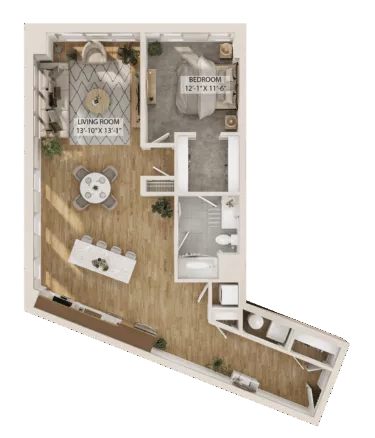 Rendering of the 1 Bed/1 Bath-A5 floor plan with 1 bedroom[s] and 1 bathroom[s] at Piper