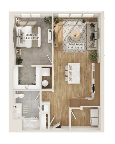 Rendering of the 1 Bed/1 Bath-A6 floor plan with 1 bedroom[s] and 1 bathroom[s] at Piper