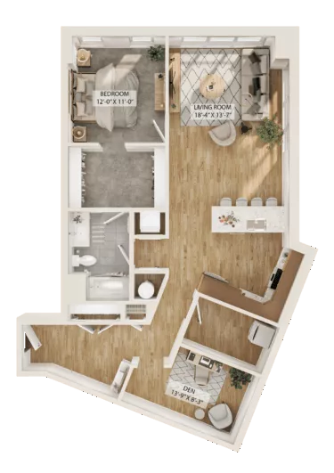 Rendering of the 1 Bed/1 Bath Den-A6D floor plan with 1 bedroom[s] and 1 bathroom[s] at Piper