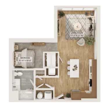 Rendering of the Studio-S1 floor plan with a Studio bedroom and 1 bathroom[s] at Piper