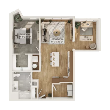 Rendering of the 1 Bed/1 Bath Den-A2D floor plan with 1 bedroom[s] and 1 bathroom[s] at Piper