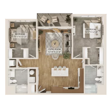 Rendering of the 2 Bed/2 Bath-B1 floor plan with 2 bedroom[s] and 2 bathroom[s] at Piper