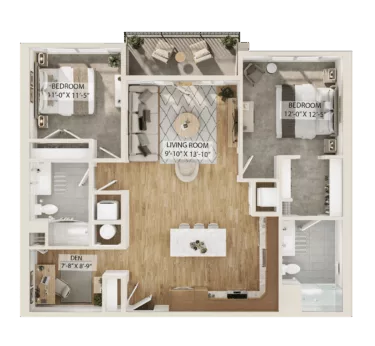 Rendering of the 2 Bed/2 Bath Den-B1D floor plan with 2 bedroom[s] and 2 bathroom[s] at Piper