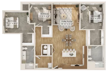 Rendering of the 3 Bed/2 Bath-C1 floor plan with 3 bedroom[s] and 2 bathroom[s] at Piper