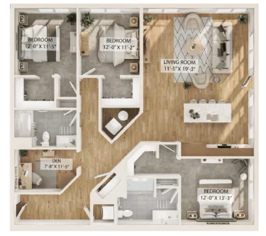 Rendering of the 3 Bed/2 Bath Den-C1D floor plan with 3 bedroom[s] and 2 bathroom[s] at Piper
