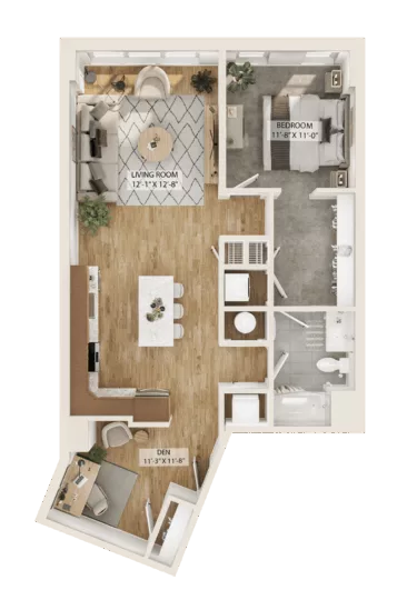 Rendering of the 1 Bed/1 Bath Den-A7D floor plan with 1 bedroom[s] and 1 bathroom[s] at Piper