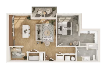 Rendering of the 1 Bed/1 Bath Den-A4D floor plan with 1 bedroom[s] and 1 bathroom[s] at Piper