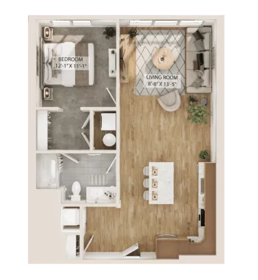 Rendering of the 1 Bed/1 Bath-A8 floor plan with 1 bedroom[s] and 1 bathroom[s] at Piper